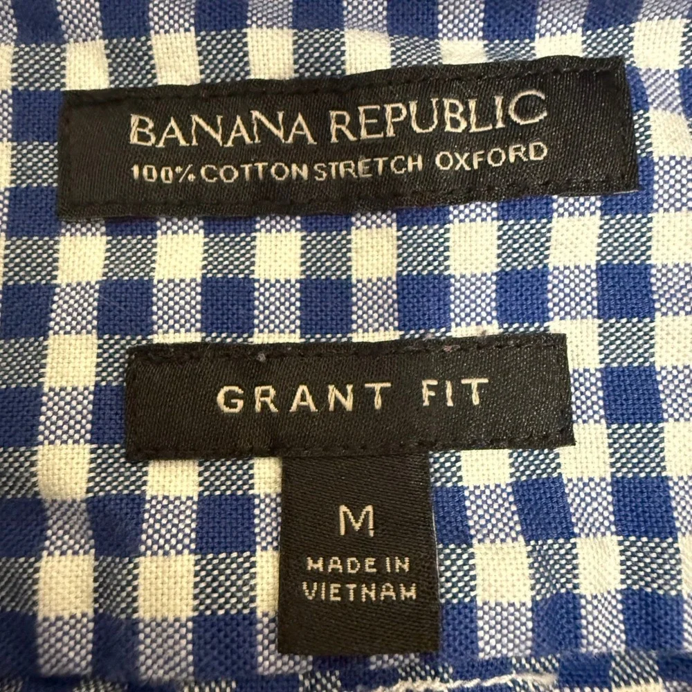 Banana Republic Grant Fit Gingham Stretch Oxford Shirt Blue White Mens Medium